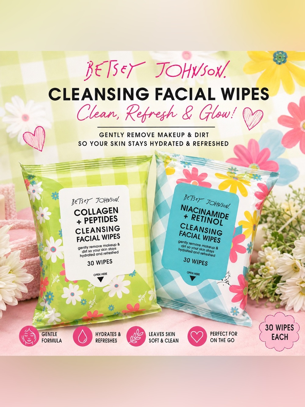 Set of 2 Betsey Johnson Cleansing Facial Wipes - makeup removing